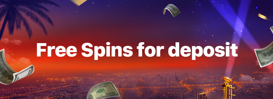 Promo banner of the 1Win with a view of the city, palm, money and text 'Free spins for deposit'