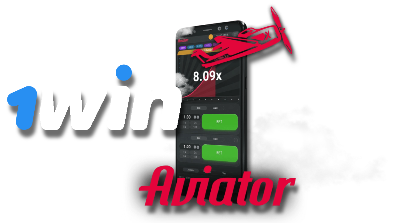 A cell phone in the sky displaying game interface with Aviator and 1Win logos