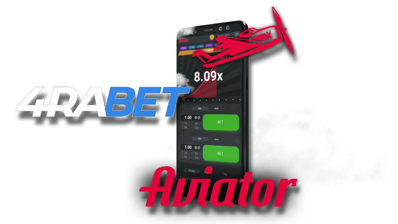 A cell phone in the sky with Aviator game and 4rabet casino logos