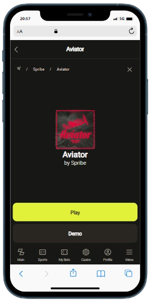 A cell phone displaying Aviator game with options Play and Demo