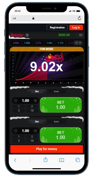 A cell phone displaying Aviator fun mode interface with betting options