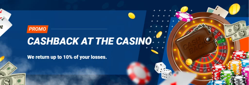 Promo banner of the Mostbet with roulette, wallet, money and text 'Cashback at the casino'