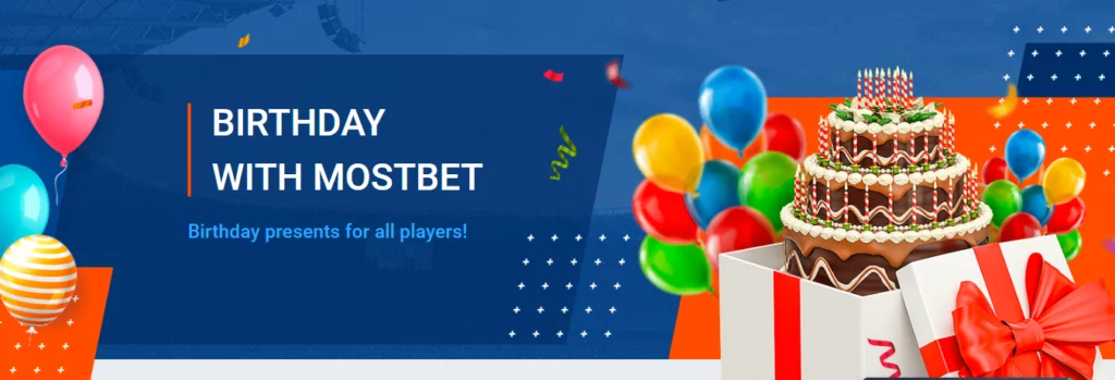 Promo banner of the Mostbet with cake, balls and text 'Birthday with Mostbet'