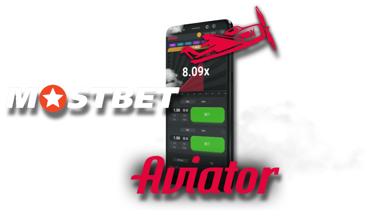 A cell phone in the sky displaying game interface with Aviator and Mostbet logos