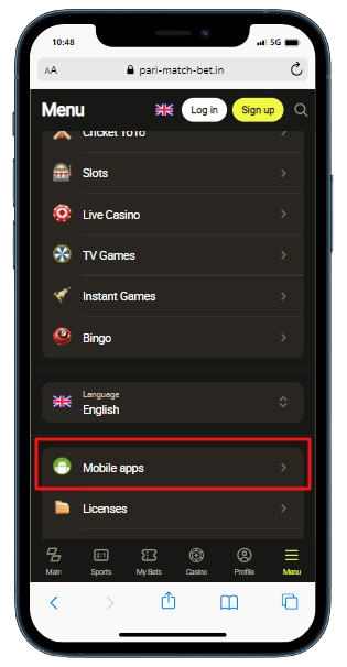 A cell phone displaying burger menu of the Parimatch casino with highlighted 'Mobile apps'