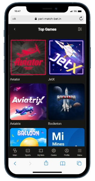 A cell phone displaying top games page of the Parimatch casino