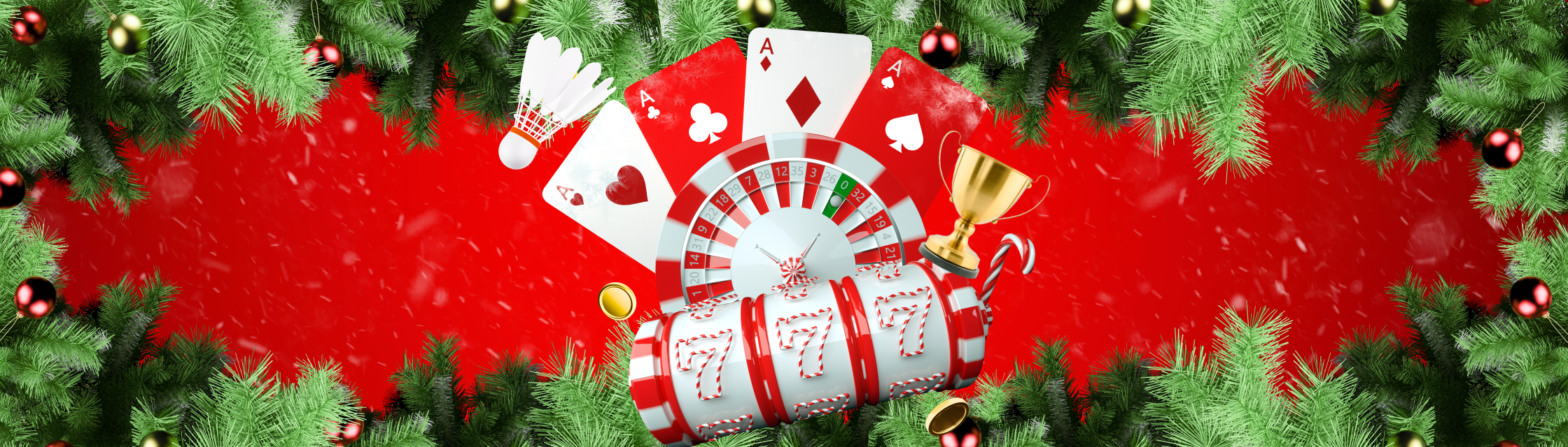 Promo banner of the Parimatch with slot, roulette, cards in the center and сhristmas tree branches