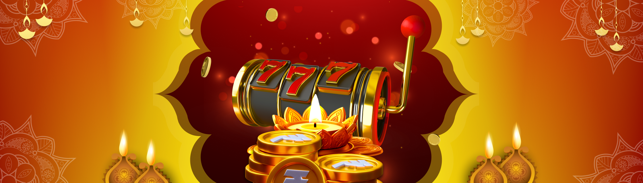 Promo banner of the Parimatch with slot, coins and candles on the yellow background