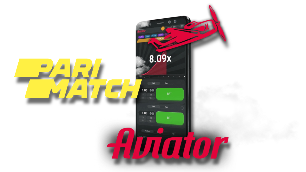 A cell phone in the sky with Aviator game and Parimatch casino logos