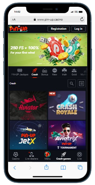 Screenshot of the Pin Up casino site with crash games library
