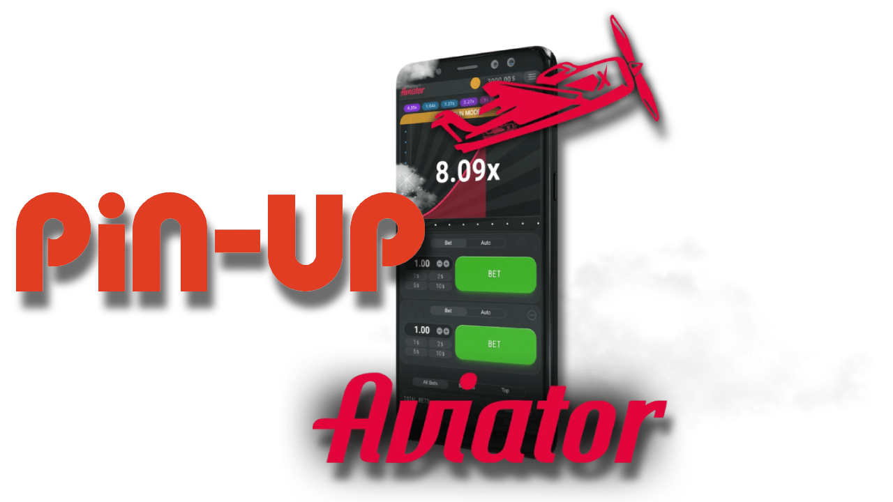 A cell phone in the sky displaying game interface with Aviator and Pin Up logos