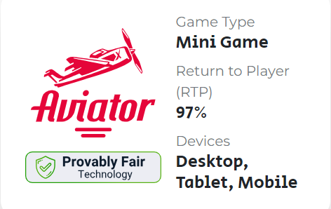 Aviator game logo with text: game type, RTP, provably fair, devices, etc.