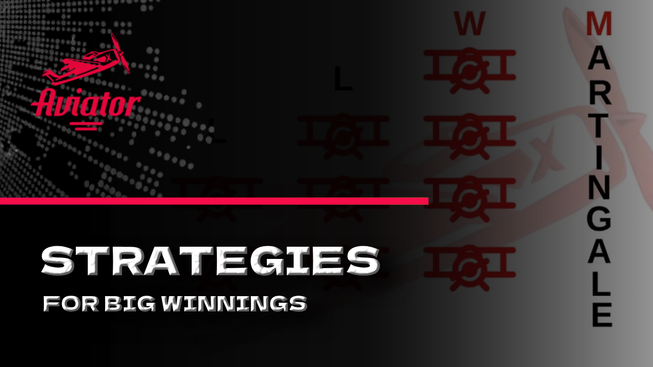 Martingale strategy background with Aviator logo and text: Strategies for big winnings